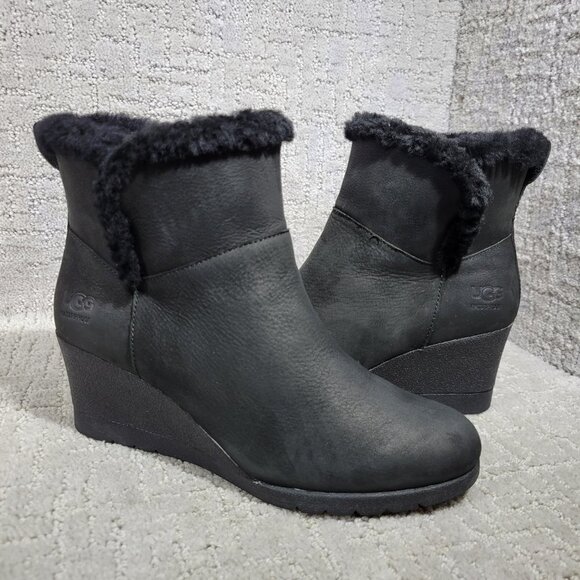 UGG Shoes - UGG Devorah Women's Size 7.5 US Black Leather Wedge Heel Waterproof Ankle Boots